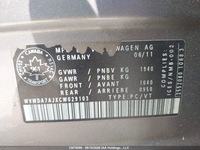 12676898 :رقم المزاد ، WVWDA7AJXCW029103 vin ، 2012 Volkswagen Golf مزاد بيع