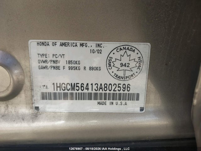 Aukcja sprzedaży 2003 Honda Accord Sdn, vin: 1HGCM56413A802596, numer aukcji: 12676907