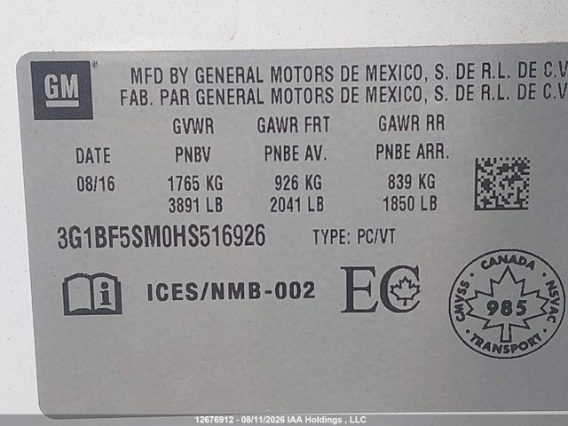 3G1BF5SM0HS516926 Chevrolet Cruze Premier