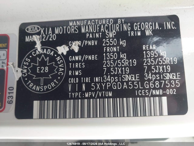 12676919 :رقم المزاد ، 5XYPGDA55LG687535 vin ، 2020 Kia Sorento 3.3l Black Line/3.3l Lx+ مزاد بيع