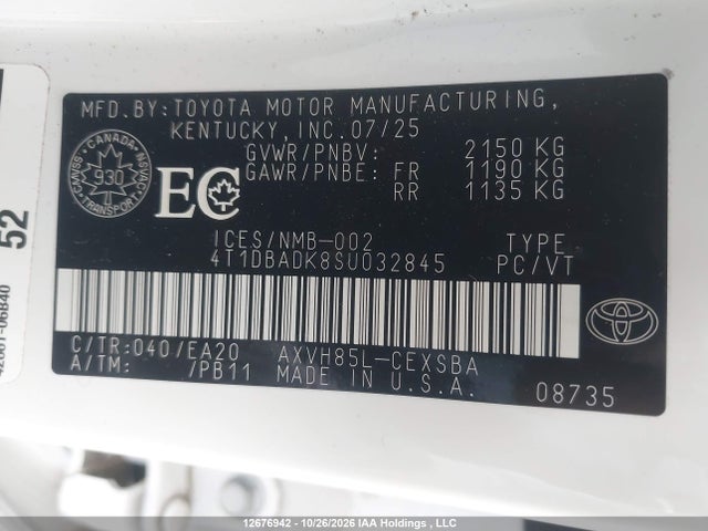 Auction sale of the 2025 Toyota Camry Se Upgrade, vin: 4T1DBADK8SU032845, lot number: 12676942