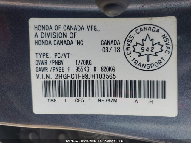 Honda Civic Touring 2018 2HGFC1F98JH103565 Image 9
