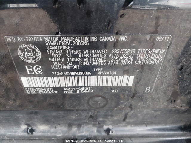Aukcja sprzedaży 2011 Toyota Rav4 Sport, vin: 2T3WF4DV8BW090096, numer aukcji: 12676959