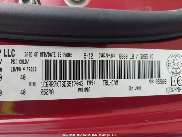 Aukcja sprzedaży 2013 Ram 1500 St, vin: 1C6RR7KT6DS517043, numer aukcji: 12676960