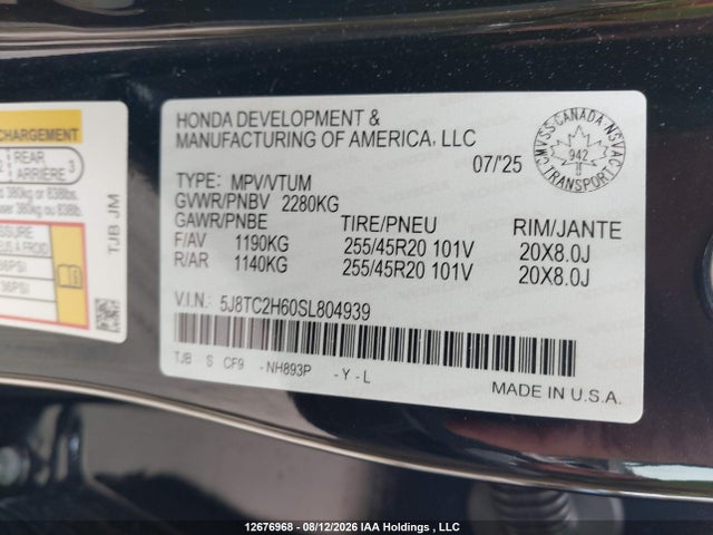 Aukcja sprzedaży 2025 Acura Rdx, vin: 5J8TC2H60SL804939, numer aukcji: 12676968