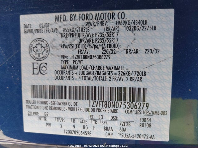 Продажа на аукционе авто 2007 Ford Mustang V6, vin: 1ZVFT80N075306279, номер лота: 12676988
