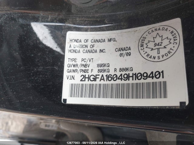 Продаж на аукціоні авто 2009 Honda Civic Ex-l, vin: 2HGFA16049H109401, номер лоту: 12677003