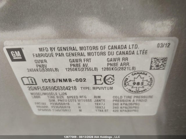 2012 Chevrolet Equinox Ltz მანქანა იყიდება აუქციონზე, vin: 2GNFLGE59C6304218, აუქციონის ნომერი: 12677009