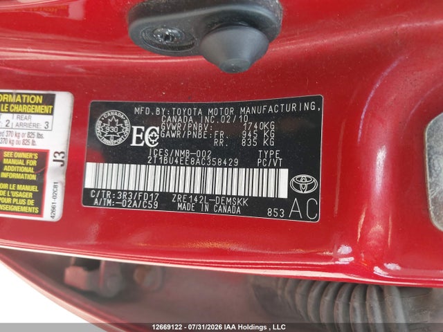 12669122 :رقم المزاد ، 2T1BU4EE8AC358429 vin ، 2010 Toyota Corolla S مزاد بيع