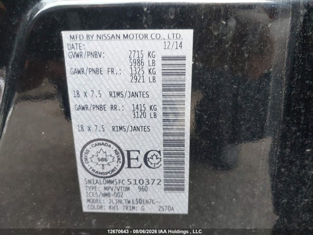 Auction sale of the 2015 Infiniti Qx60, vin: 5N1AL0MM5FC510372, lot number: 12670643