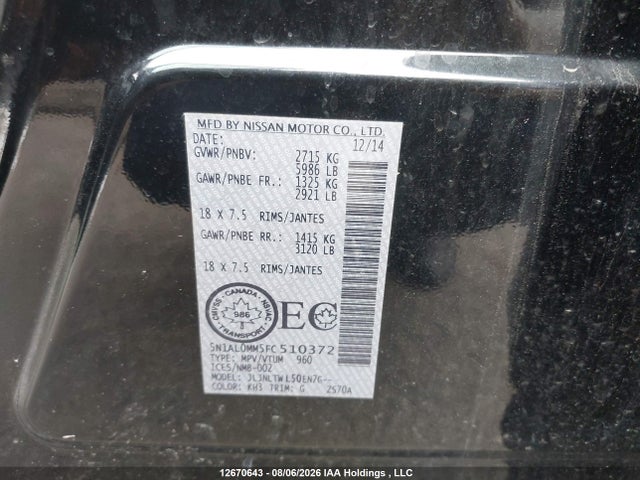 Auction sale of the 2015 Infiniti Qx60, vin: 5N1AL0MM5FC510372, lot number: 12670643