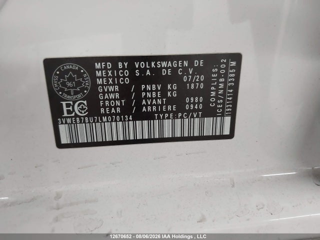 Продажа на аукционе авто 2020 Volkswagen Jetta Highline, vin: 3VWEB7BU7LM070134, номер лота: 12670652