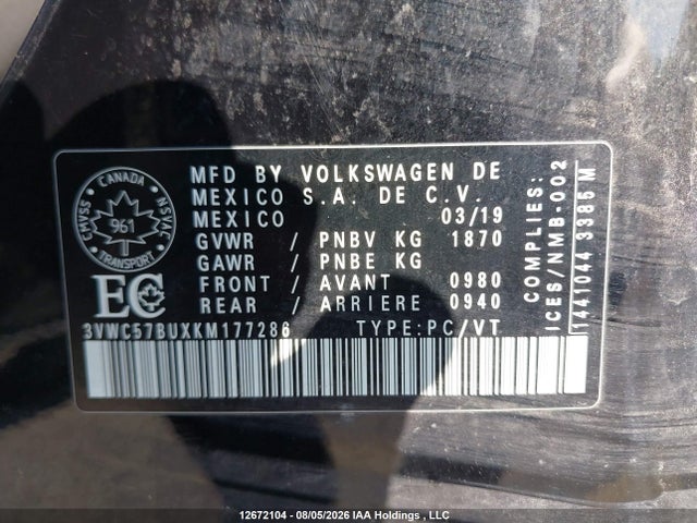 12672104 :رقم المزاد ، 3VWC57BUXKM177286 vin ، 2019 Volkswagen Jetta 1.4 Tsi Comfortline مزاد بيع