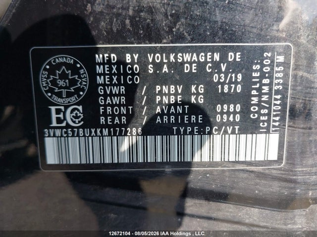 12672104 :رقم المزاد ، 3VWC57BUXKM177286 vin ، 2019 Volkswagen Jetta 1.4 Tsi Comfortline مزاد بيع