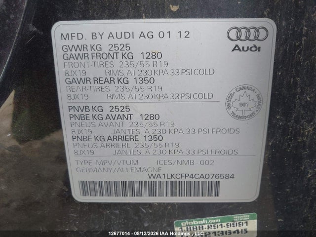 2012 Audi Q5 Premium Plus მანქანა იყიდება აუქციონზე, vin: WA1LKCFP4CA076584, აუქციონის ნომერი: 12677014