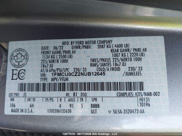 Ford Escape 2022 1FMCU0CZ2NUB12645 Image 9