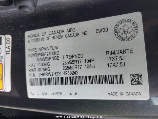 Honda CR-V LX 2020 2HKRW2H22LH239242 Image 9