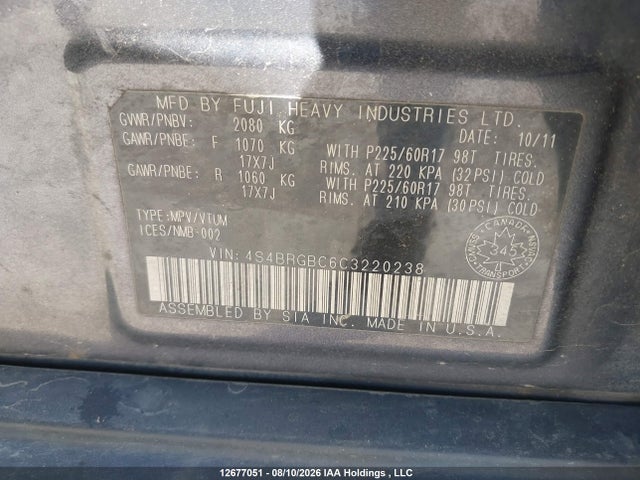 12677051 :رقم المزاد ، 4S4BRGBC6C3220238 vin ، 2012 Subaru Outback 2.5i Premium مزاد بيع