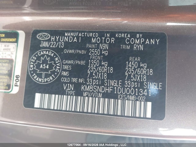 Продаж на аукціоні авто 2013 Hyundai Santa Fe Xl Premium, vin: KM8SNDHF1DU001341, номер лоту: 12677064