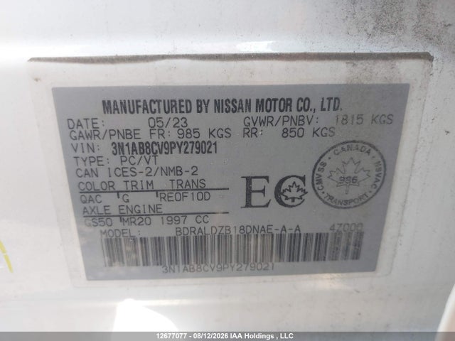 12677077 :رقم المزاد ، 3N1AB8CV9PY279021 vin ، 2023 Nissan Sentra Sv مزاد بيع