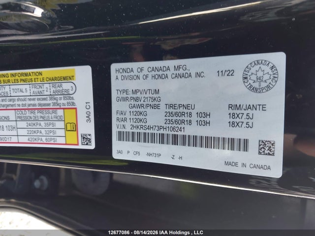 2HKRS4H73PH106241 Honda Cr-v Ex-l