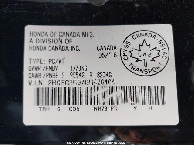 2016 Honda Civic Touring მანქანა იყიდება აუქციონზე, vin: 2HGFC3B97GH426404, აუქციონის ნომერი: 12677090