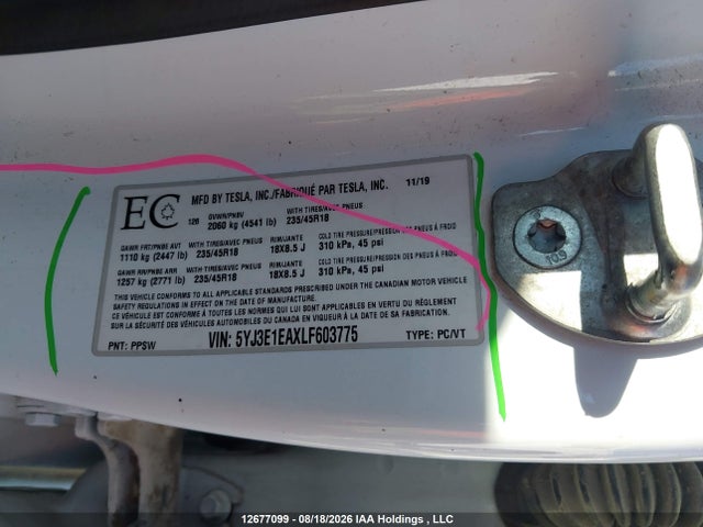 Tesla Model 3 Standard Range Plus 2020 5YJ3E1EAXLF603775 Image 9