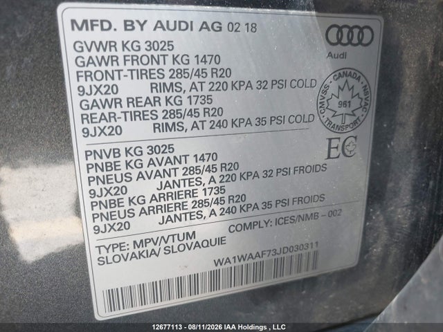 12677113 :رقم المزاد ، WA1WAAF73JD030311 vin ، 2018 Audi Q7 3.0t Technik مزاد بيع
