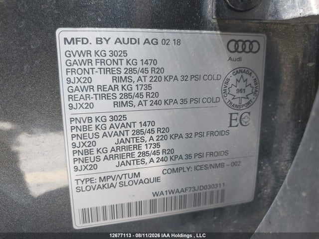 12677113 :رقم المزاد ، WA1WAAF73JD030311 vin ، 2018 Audi Q7 3.0t Technik مزاد بيع
