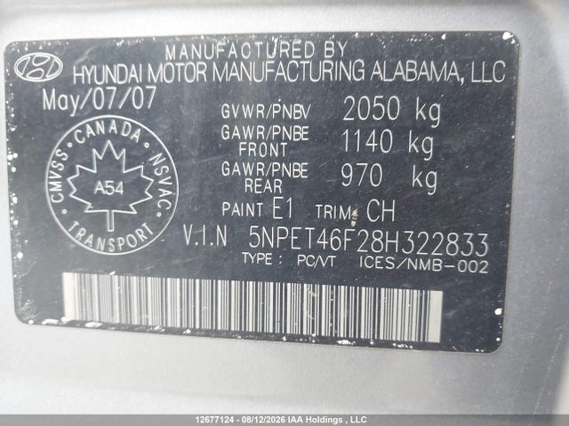 Продажа на аукционе авто 2008 Hyundai Sonata Gl V6/gls V6, vin: 5NPET46F28H322833, номер лота: 12677124