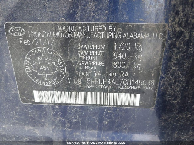 2012 Hyundai Elantra Gl მანქანა იყიდება აუქციონზე, vin: 5NPDH4AE7CH149038, აუქციონის ნომერი: 12677126