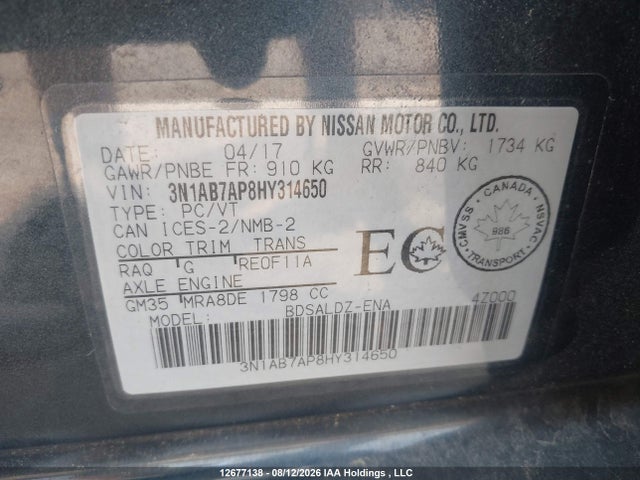 3N1AB7AP8HY314650 Nissan Sentra S/sv/sr/sl