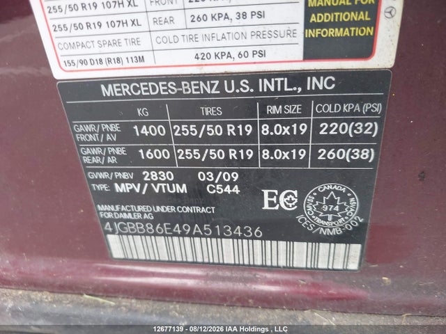 Продаж на аукціоні авто 2009 Mercedes-benz Ml350, vin: 4JGBB86E49A513436, номер лоту: 12677139