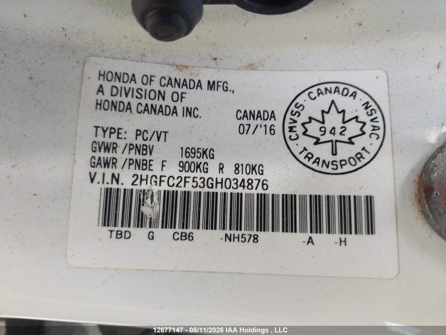 Продажа на аукционе авто 2016 Honda Civic Lx, vin: 2HGFC2F53GH034876, номер лота: 12677147