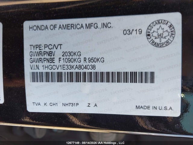 1HGCV1E33KA804038 Honda Accord Sport