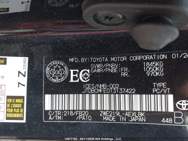 12677162 :رقم المزاد ، JTDBCMFE0T3137422 vin ، 2026 Toyota Corolla Le/se/xle مزاد بيع