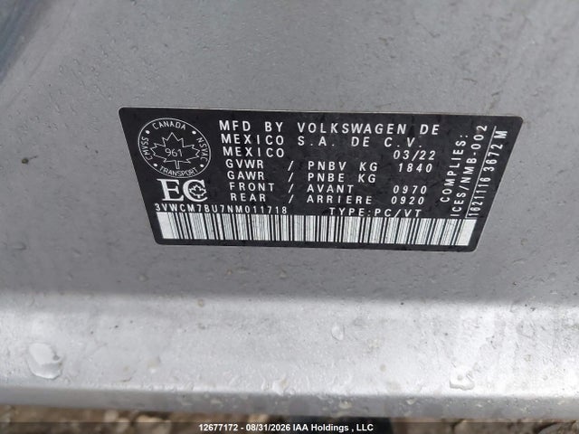 12677172 :رقم المزاد ، 3VWCM7BU7NM011718 vin ، 2022 Volkswagen Jetta Trendline مزاد بيع