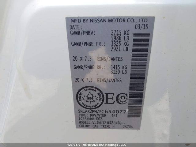 12677177 :رقم المزاد ، 5N1AR2MM7FC654077 vin ، 2015 Nissan Pathfinder S/sv/sl/platinum مزاد بيع