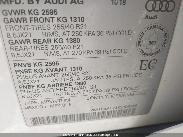 12677211 :رقم المزاد ، WA1C4AFY3K2006056 vin ، 2019 Audi Sq5 Prestige مزاد بيع