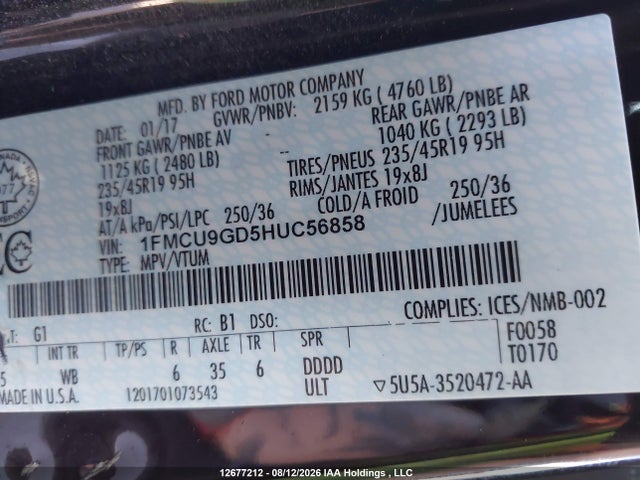 Ford ESCAPE SE 2017 1FMCU9GD5HUC56858 Image 9