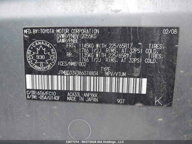 12677214 :رقم المزاد ، JTMBD33V386074804 vin ، 2008 Toyota Rav4 مزاد بيع