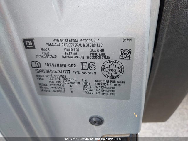 Aukcja sprzedaży 2011 Gmc Acadia Sle, vin: 1GKKVNED0BJ371227, numer aukcji: 12677215