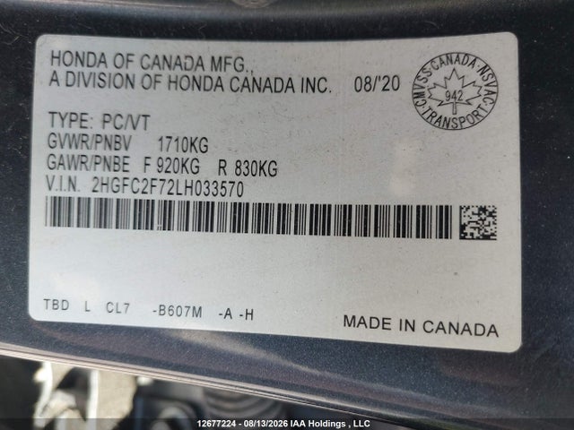 Honda CIVIC EX 2020 2HGFC2F72LH033570 Image 9