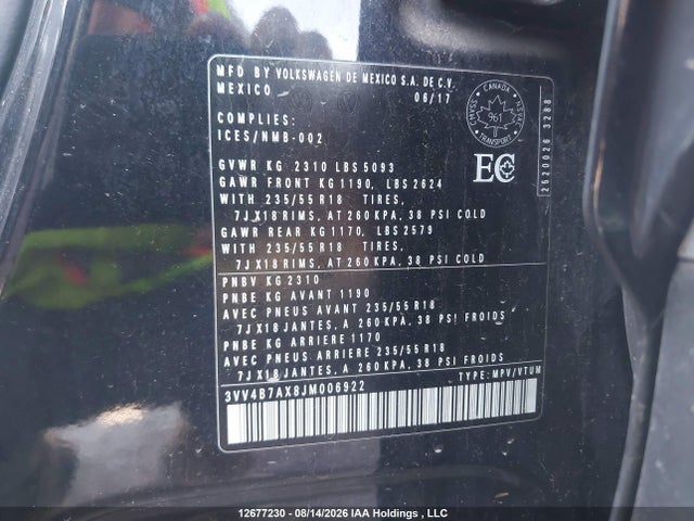 2018 Volkswagen Tiguan Sel Premium მანქანა იყიდება აუქციონზე, vin: 3VV4B7AX8JM006922, აუქციონის ნომერი: 12677230