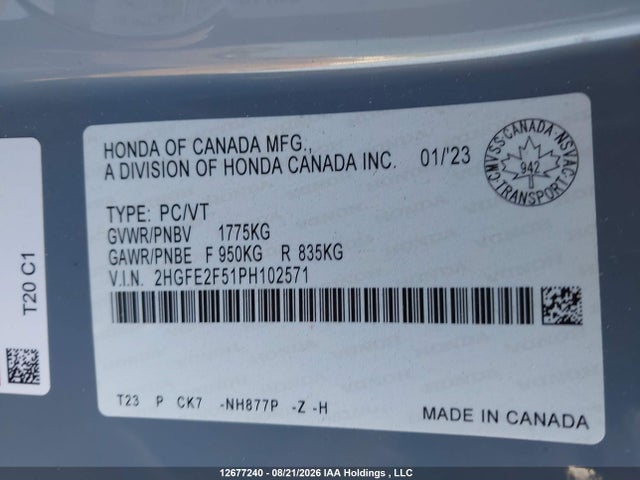 12677240 :رقم المزاد ، 2HGFE2F51PH102571 vin ، 2023 Honda Civic Sport/sport-b مزاد بيع