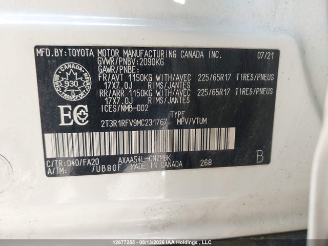 12677255 :رقم المزاد ، 2T3R1RFV9MC231767 vin ، 2021 Toyota Rav4 مزاد بيع