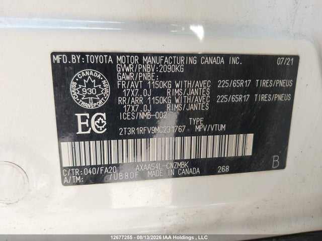 12677255 :رقم المزاد ، 2T3R1RFV9MC231767 vin ، 2021 Toyota Rav4 مزاد بيع