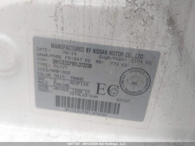3N1CE2CP9FL372230 Nissan Versa Note 1.6 S/1.6 Sl/1.6 Sr/1.6 Sv