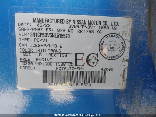 12677269 :رقم المزاد ، 3N1CP5DV5NL515570 vin ، 2022 Nissan Kicks Sr مزاد بيع