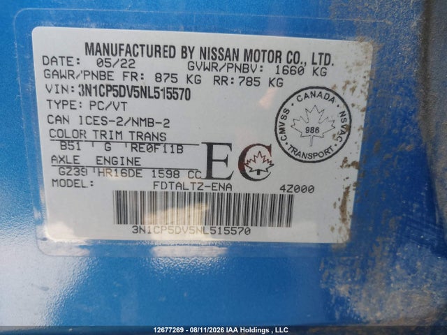 12677269 :رقم المزاد ، 3N1CP5DV5NL515570 vin ، 2022 Nissan Kicks Sr مزاد بيع